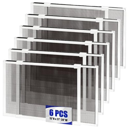 6 Pack Adjustable Window Screens Expandable, 2 Way Adjustable Sliding Window Screen, Horizontal (15" H x 21" - 38" W), Horizontal and Vertical Adjustable, Durable Replacement Screen for Window - size: 15"H x 21"-38"W