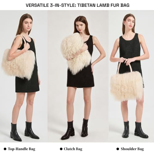 Women Luxury Real Curly Mongolian Lamb Fur Purse - color: Ivory