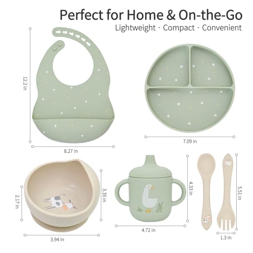 Little Rawr Baby Led Weaning Bundle, 100% Silicone Baby Feeding Set Includes Divided Plate, Suction Bowl, Straw Cup, Bib, Spoon & Fork, Develops Self Feeding Skills, Dishwasher Safe (Green) - color: Green