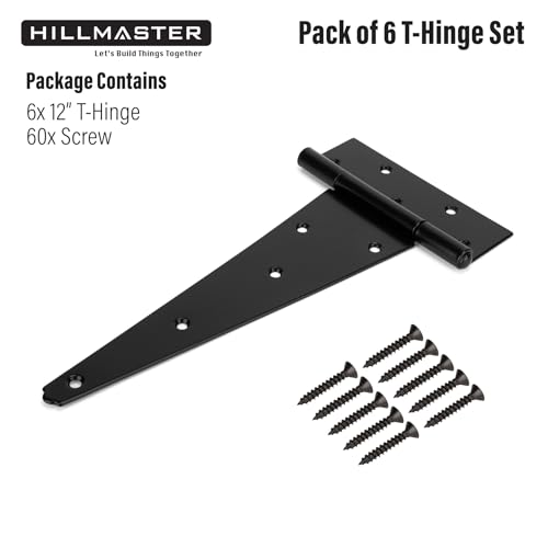 HILLMASTER 12 Inch T-Strap Heavy Duty Shed Door Hinges Gate Strap Hinges Black Tee Hinge Wrought Hardware for Wooden Fences,Yard,Barn Door,Rustproof (6 Pack) - size: 12in 6Pack
