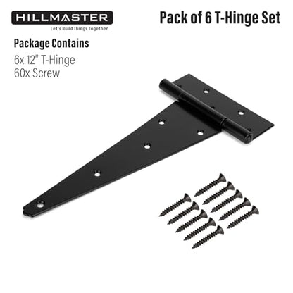 HILLMASTER 12 Inch T-Strap Heavy Duty Shed Door Hinges Gate Strap Hinges Black Tee Hinge Wrought Hardware for Wooden Fences,Yard,Barn Door,Rustproof (6 Pack) - size: 12in 6Pack
