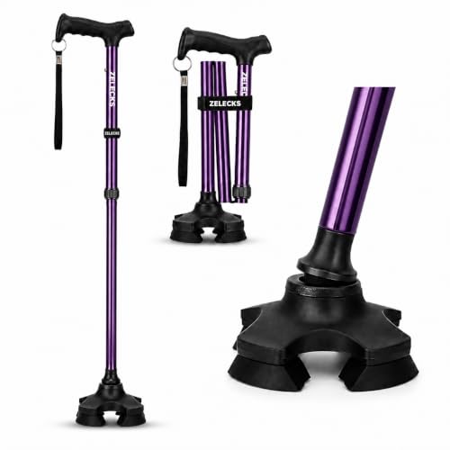 ZELECKS Walking Cane for Women & Men - Self Standing Adjustable Folding Cane with T Handle and 360 Pivot Base - Lightweight Foldable Walking Stick for Seniors - Collapsible Cane for Walking - color: Purple