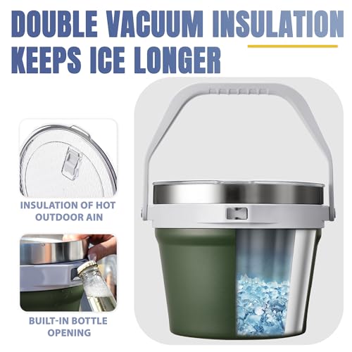 COKTIK 7L Vacuum Insulated Ice Bucket with Lid and Scoop& Tongs，Large capacity Stainless Steel Beverage Bucket for Cocktail, Champagne, Wine, Beer，Large Parties（Army Green Suit） - color: Army Green Suit