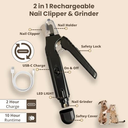 2-in-1 Dog & Cat Nail Clipper and Grinder with Light - USB Rechargeable Pet Nail Trimmer with Safety Guard for Thick Nails, Quiet Professional Grooming Tool - color: black