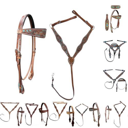 Majestic Ally Tooled Leather Western Headstall & Breast Collar Set – Handcrafted Leather, Classic Western Tack, Multiple Styles & Designs - style: 1008-NAT