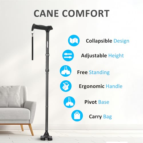 REHAND Walking Cane for Men & Women - Foldable, Adjustable, Lightweight, Self Standing Pivot Walking Cane, Soft Handle Grip, with Travel Bag, Walking Sticks for Seniors & Adults - color: Black