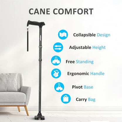 REHAND Walking Cane for Men & Women - Foldable, Adjustable, Lightweight, Self Standing Pivot Walking Cane, Soft Handle Grip, with Travel Bag, Walking Sticks for Seniors & Adults - color: Black
