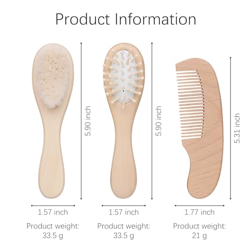 Baby Bath Grooming Kit Natural Wooden Hairbrush with Gentle Goat Bristles, Pear Wood Comb, and Soothing Massage Brush for Babies, Toddlers, and Kids