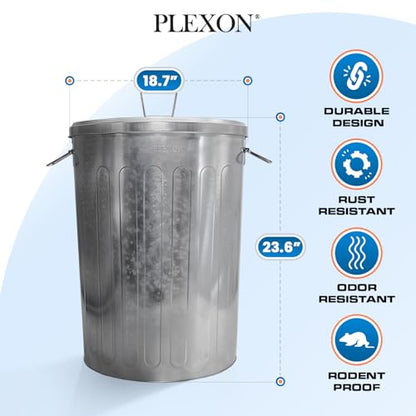Plexon 20 Gallon Metal Trash Can with Lid Outdoor Large Trash Bin Galvanized Steel Garbage Can for Farm Garage Patio Ash Bucket Bird Seed Storage Can Heavy Duty Round Container - color: Silver