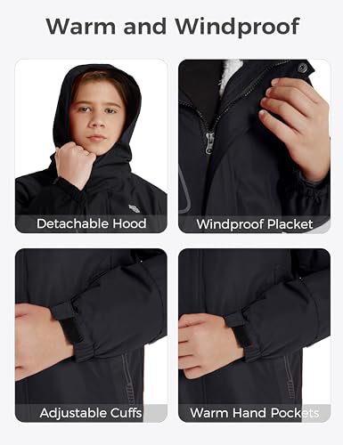 wantdo Boys' 3-in-1 Ski Jacket Fleece-Lined Winter Coat Hooded Raincoat - color: Black, size: 10-12