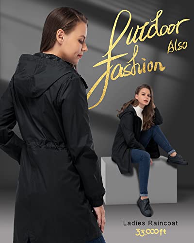 33,000ft Women's Waterproof Long Rain Coats Packable Rain Jacket with Hood - color: Black, size: X-Large