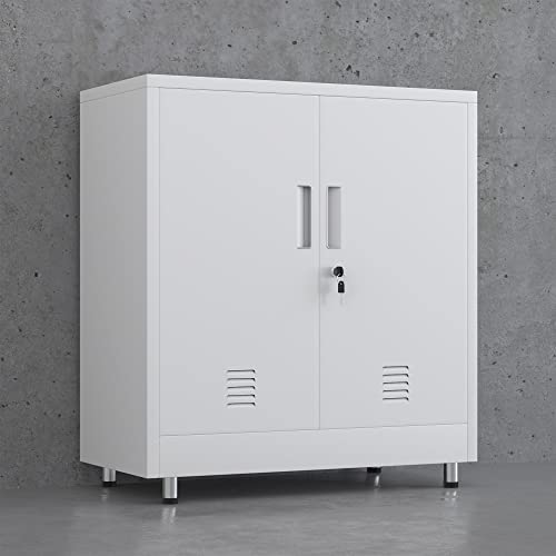 JINGUR Metal Storage Cabinet with Locking Doors and Adjustable Shelf, Small Lockable Sideboard Buffet Cabinet for Home Office Hallway Entryway Living Dining Room (White) - color: White
