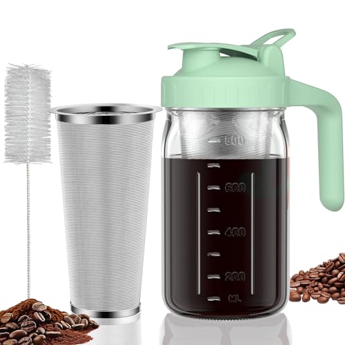JunVpic Cold Brew Coffee Maker, 32 oz Glass Mason Jar Pitcher | 100μm stainless steel filter, wide mouth design, leak-proof lid with handle, pour spout for iced coffee, tea and cold drinks - color: Green, size: 32 Ounces