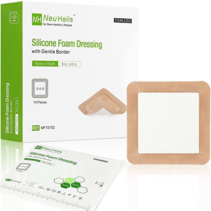 NeuHeils Silicone Foam Dressing with Border 6"x6", 10 Pack for Bed Sores - size: 6''x6'' (Pack of 10)