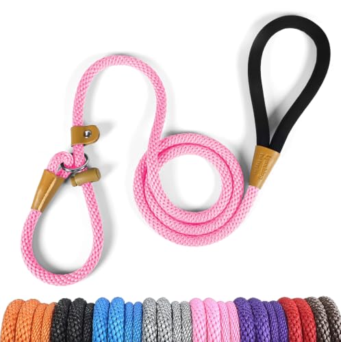 Dog Leash Slip Lead Braided Rope Pet Training Loop Leashes 5ft 6ft 8ft | Lynxking Strong Heavy Duty 1/2" 3/8", Durable Padded Handle No Pull Basic Training Nylon Lead,Small Medium Large Dogs Puppy - color: Pink