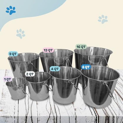 Heavy Stainless Steel Round Bucket, 4 Quart | Durable Food & Water Pail for Dogs, Cats, Kennels, Cages and Critter Crates | Multi-Purpose Bucket - size: 4 quart