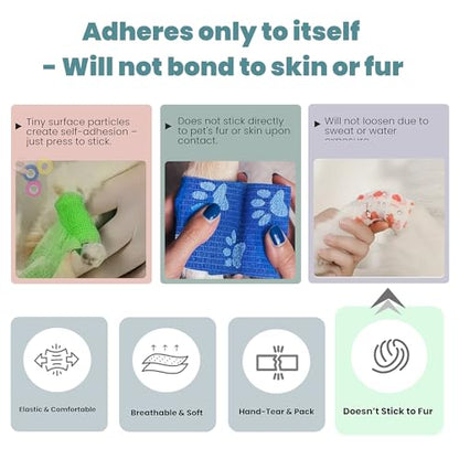 MEDUWEDU Pet Bandage 6 Rolls, Adhesive Bandage, Self Adhesive Bandage, First Aid Adhesive Gauze, for Horses, Dogs,Cats, Birds, Animals (Animals, 2 Inch (Pack of 6)) - color: Solid Colors