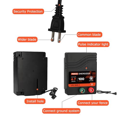 Electric Fence Charger, Electric Fence Energizer 6.7 Joule Ac Powered - size: LFL500-1