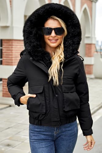 Winter Coats for Women Thickened Puffer Jacket with Detachable Fur Hood Winter Warm Parka Puffer Coat - color: Black, size: Medium
