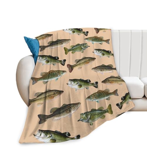 Fish Bass Blanket Decor Gifts for Fishing Lovers Flannel Fleece Fuzzy Throw Blanket Soft Warm Cozy Plush Ocean Animal Blanket for Bed Couch Living Room Stuffed Decoration for Kids Adult Man 60"x50" - color: Bassfish, size: 60"x50"