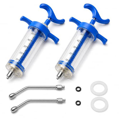 2 Pack 50ml Reusable Drench Syringe with Metal Nozzle for Livestock | Detachable Parts With Easy Cleaning For Daily Farm Animal Care