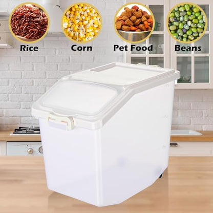 Sunnyray 4 Pcs Rice Storage Container 33.1 lb Airtight Flour Container with Wheels Measuring Cup White Pet Food Dog Cat Birds Food Bin Grain Cereal Organizer Box for Dry Baking Supplies - size: 12.2 x 12.2 x 9.45 Inch