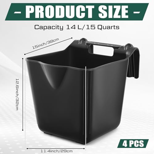 4 Pcs 15 Quart Plastic Hook Over Horse Feed Bucket for Stall Fence, Black - color: Black