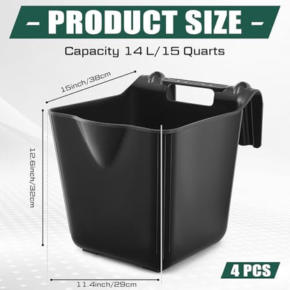 4 Pcs 15 Quart Plastic Hook Over Horse Feed Bucket for Stall Fence, Black - color: Black