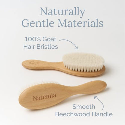 Natemia Wooden Baby Hair Brush - Natural Goat Hair Bristles - Gentle Soft Bristles for Scalp Massage - Cradle Cap Comb for Flake Removal - For Baby Grooming Kit & Toddler Hair Brush - size: 1 PC - Oval Brush