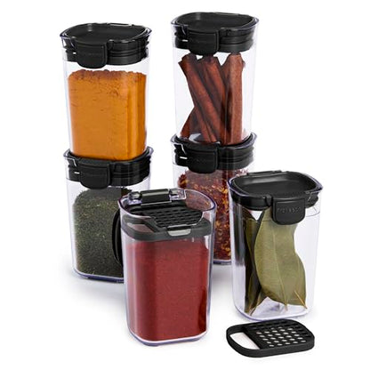 ProKeeper Progressive Seasoning & Spice Storage Container Set, 6 Airtight 5-Oz Keepers with Removable Shaker and Leveler Inserts, Stackable, BPA-Free, Dishwasher Safe, Black - color: Black