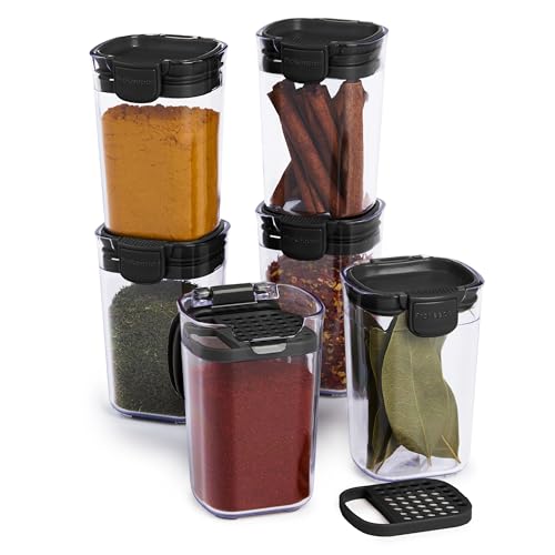 ProKeeper Progressive Seasoning & Spice Storage Container Set, 6 Airtight 5-Oz Keepers with Removable Shaker and Leveler Inserts, Stackable, BPA-Free, Dishwasher Safe, Black - color: Black