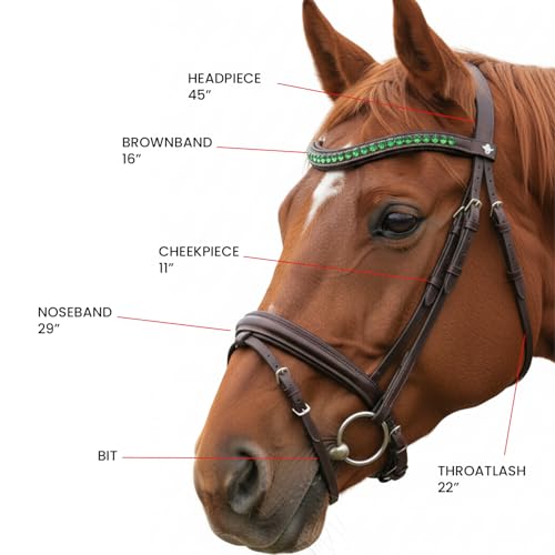 Equine Care English Horse Bridle with Reins, Padded, 6 Browband Styles - color: Havana Brown with Green Crystal