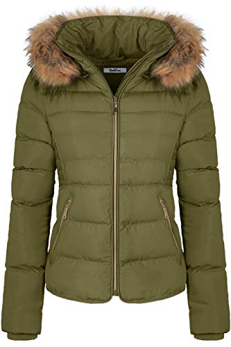 BodiLove Women's Fur Hooded Thickened Jacket with Fleece Lining - color: Olive, size: Small