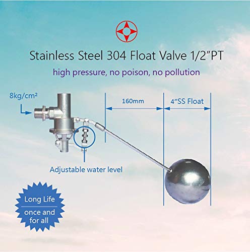 304 Stainless Steel Balanced Float Ball Valve, Tank Mount, 100 Psi (1/2") - size: 0.5 Inch