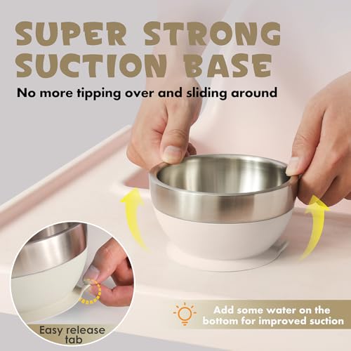 MR. CHOU Baby Suction Bowl Set with Spoon & Fork, Insulated Double-Layer 18/8 Stainless Steel Toddler Bowls with Silicone Suction Cup & BPA Free Airtight Lids, Beige - color: Beige-S
