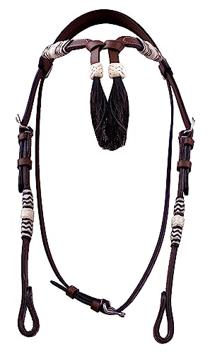 Western Horse Headstall Standard Size – Adjustable Hand Braided Genuine Leather Bridle with White Rawhide Futurity Knot Natural Hair Tassels Bridle, Western Riding Tack, Tan Color Leather (Full Size) - size: Full