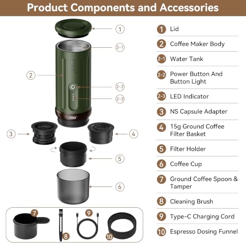 CERA+ PCM03S Portable Espresso Machine, 13500mAh Self-Heating Coffee Maker | 20 Bar Extraction with Up to 8 Cups per Charge, Compatible with NS Pods & Grounds for Camping, Travel & Outdoor Brewing - color: Green