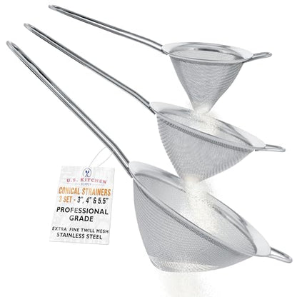 U.S. Kitchen Supply Set of 3 Stainless Steel Conical Strainers - 3", 4" & 5.5" Sizes - Chinois Style, Extra Fine Twill Mesh Sieve, Stainless Steel Strainers and Colanders for Kitchen