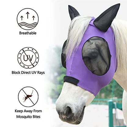 Stretchy Horse Fly Mask with Ears, Large Eye Space Violet Full - color: Violet, size: Full