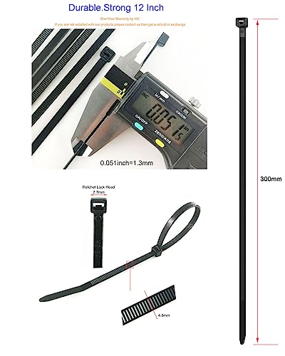 HS 12 Inch Black Zip Ties 1000 Bulk Pack,Nylon Cable Ties 50 LB Strong Wire Tie Wraps Black UV Outdoor Purpose - color: Black, size: 1000pcs 12”