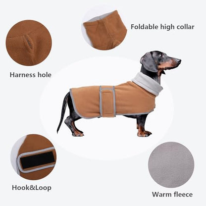 Dachshund Coats Sausage Dog Fleece Coat in Winter Miniature Dachshund Clothes with Hook and Loop Closure high vis Reflective Stripe Safety Brown M - color: Brown, size: Medium(Back: 17"-18"in)