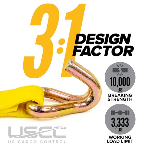 US Cargo Control Wire Hook Ratchet Straps 2 Inch x 12 Foot (4-Pack), 10,000 LBS Break Strength, Yellow 2 Inch Ratchet Straps Heavy Duty with J Hooks, Heavy Duty Tie Downs for Trailers and Trucks