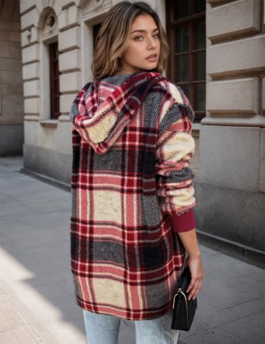 Zilcremo Women Hooded Cardigan Open Front Fuzzy Jacket - color: Deepred Plaid, size: Small
