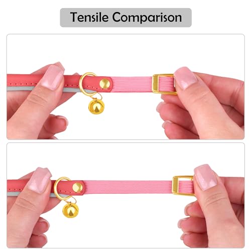 OOPSDOGGY Rolled Leather Cat Collar with Bell - Reflective Kitten Collar with Safety Elastic Strap - Adjustable Small Pet Collars for Boy Girl Cats (Pink) - color: Pink