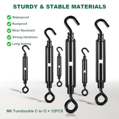 Black Small Turnbuckles for Cables Wire, M6 Hook and Eye Tensioner - size: 6 Pcs M6 x 5.9"