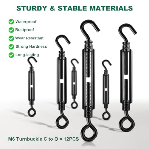 Black Small Turnbuckles for Cables Wire, M6 Hook and Eye Tensioner - size: 12 Pcs M6 x 5.9"