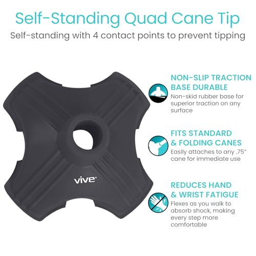 Vive Cane Tip - Self Standing Quad Base Replacement for Most Walking Canes - color: Black