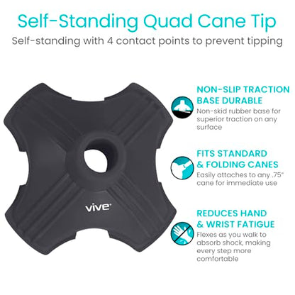 Vive Cane Tip - Self Standing Quad Base Replacement for Most Walking Canes - color: Black