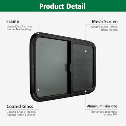 Dulepax Horizontal RV Window, 24" W x 20" H Tinted Slide Trailer Window, Tempered Glass Camper Window Replacement with Net Screen and Trim Ring, DOT Approved - size: Horizontal 24"x20"