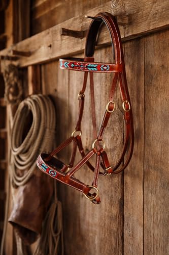 Horse Brown Leather Beaded Bitless Padded Sidepull Bridle w/ Reins 77RS17 - color: Tan/Beaded